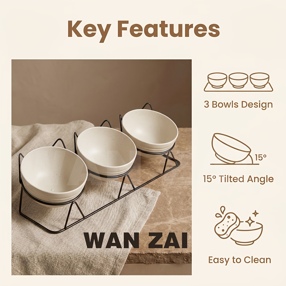 3pcs wheat straw bowls   tilted elevated cat bowls   color high   three bowl feeder anti vomiting neck protection non slip bracket   to clean large capacity multi     Product details 0