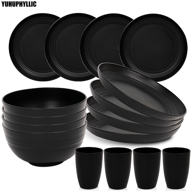 

Yuhuphyllic 16pcs Black Plastic Dinnerware Set For 4 - Microwave & Dishwasher Safe, Includes Cups, Plates, Bowls - Rv Camping, , Dorms, Holiday Gatherings & Potlucks