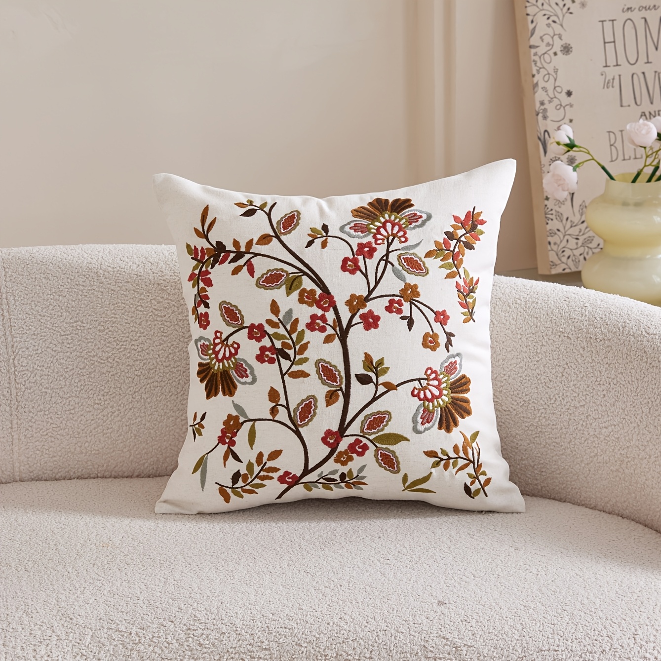 TEMU Taie d'oreiller brodée 1 pièce avec branche de fleur de cornouiller 3D de style ferme d'automne, décoration d'intérieur pour salon, chambre,