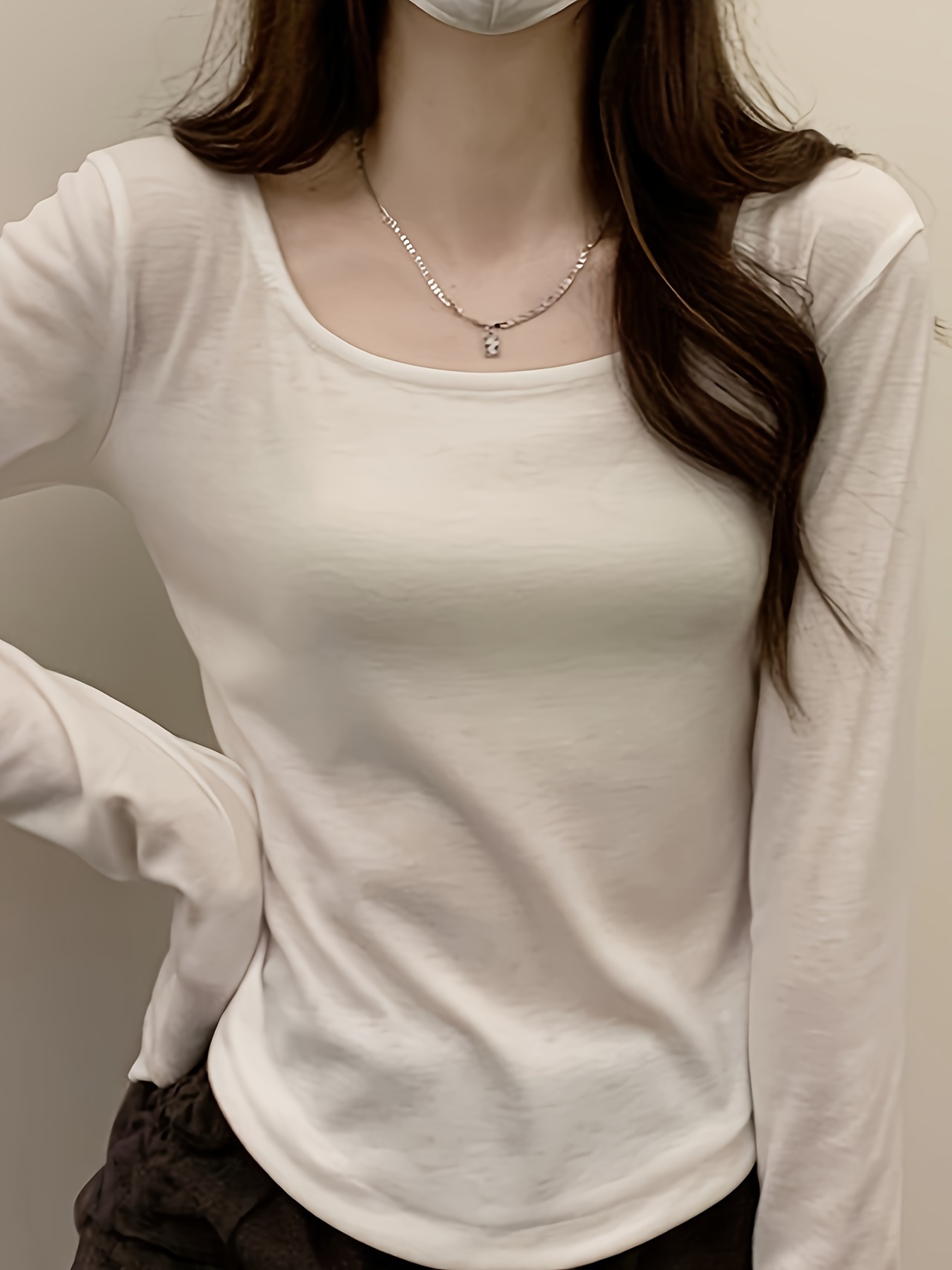 1pc Women'S Sexy Polyester Long Sleeve T-Shirt, Solid Color Round Neck Knitted Top, Regular Length, Spring/Autumn Fashion