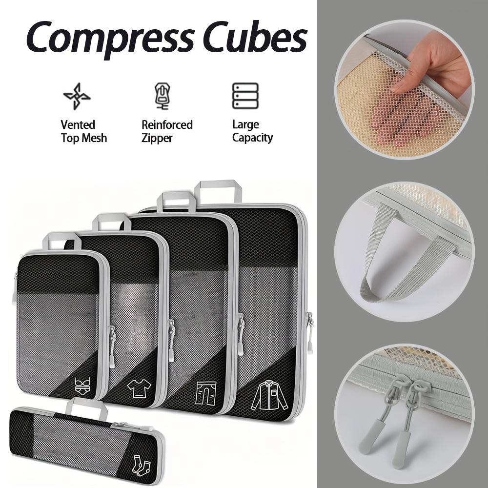 Set of 5 Lightweight Compression Packing Cubes for Travel, Durable Luggage Organizers in Beige and Black