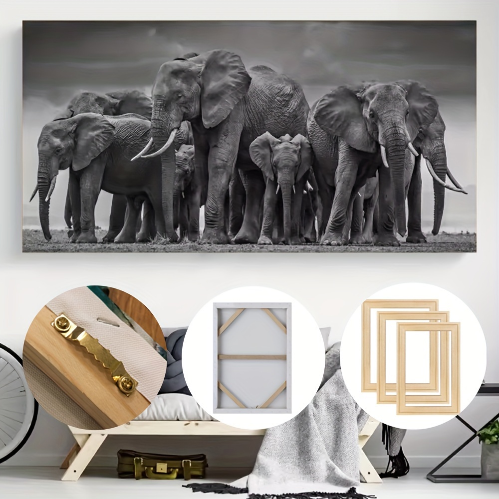 

1pc Framed Modern Animal Canvas Wall Art, African Elephant Herd Print Poster Mural, Living Room Sofa Background Decorative Painting