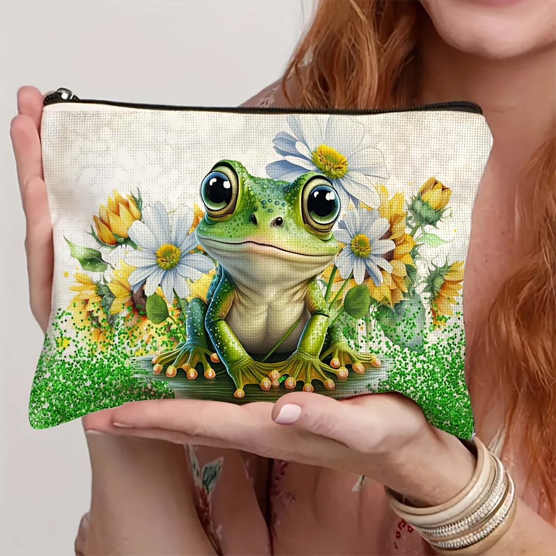 

1pc Chic Western Frog & Floral Makeup Bag - Frog With Yellow & White Flowers Design, Polyester Travel Cosmetic Pouch For Women, Retro Sunflower Zipper Storage Bag, Perfect Gift For &