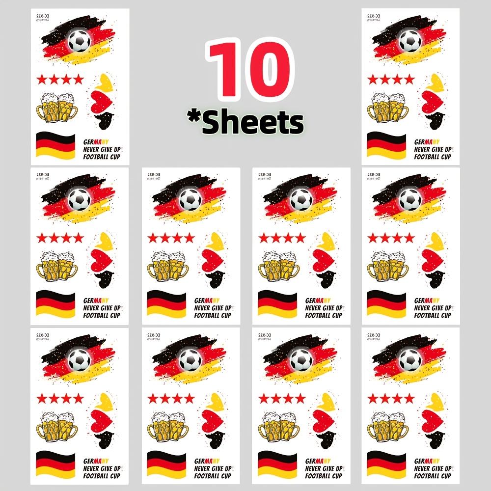 Image of 10pcs German Flag Football Temporary Tattoo Stickers, Waterproof Stickers, Sports Events Festivals And Parties Body Decoration Stickers, Suitable For Face And