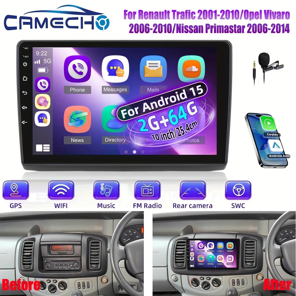 KAMECHO [2G+64G] za for Renault Trafic 2001-2010/ Opel 2006-2010/ for Nissan 2006-2014 Brezžični Carplay za 15.0 Avtomobilski Radio, 10,1-palč