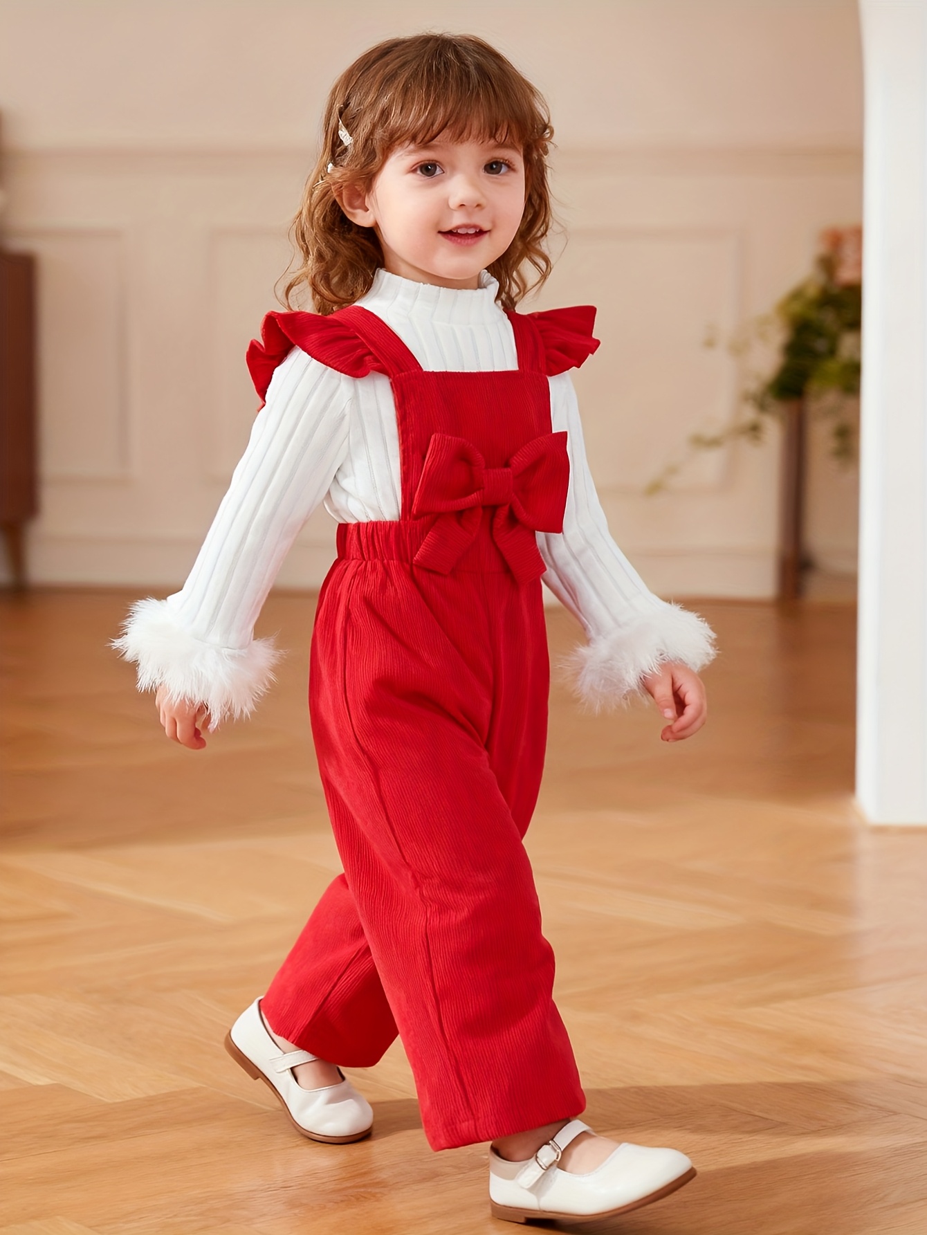 2pcs girls pants set   plush cuff top bow overalls girls daily wear   outdoor Product details 16