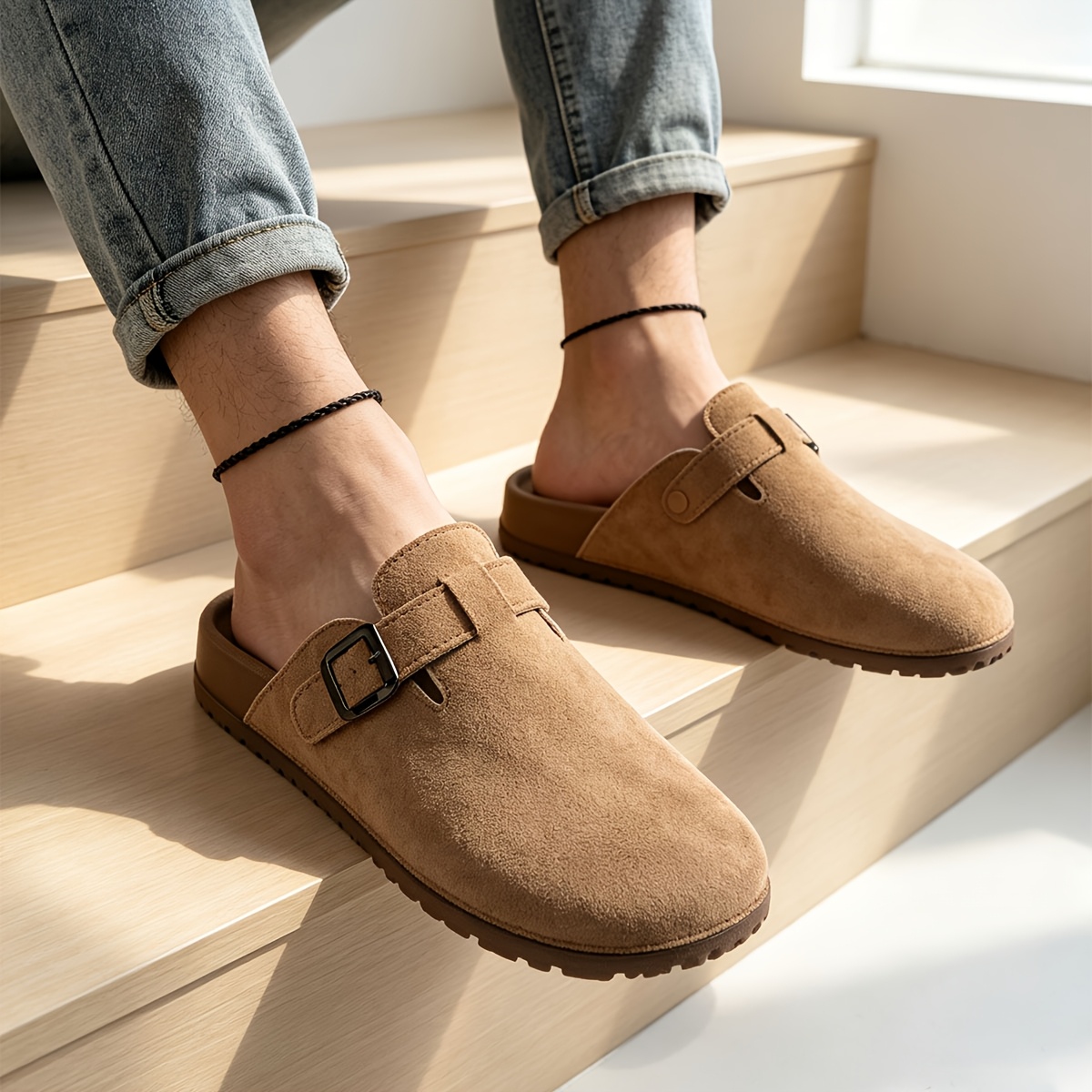 TEMU Smalleyes Men's Vintage Black Mules, To A Vintage Style. The Rounded And , With An Adjustable , Rich Layering On . Backless Design Allows For