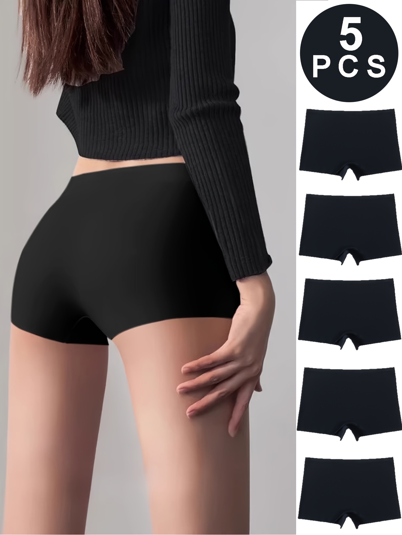 5pcs womens high waisted breathable ice sliky fiber shorts sexy solid black seamless underwear comfort fit for casual attire high waisted shorts black 0
