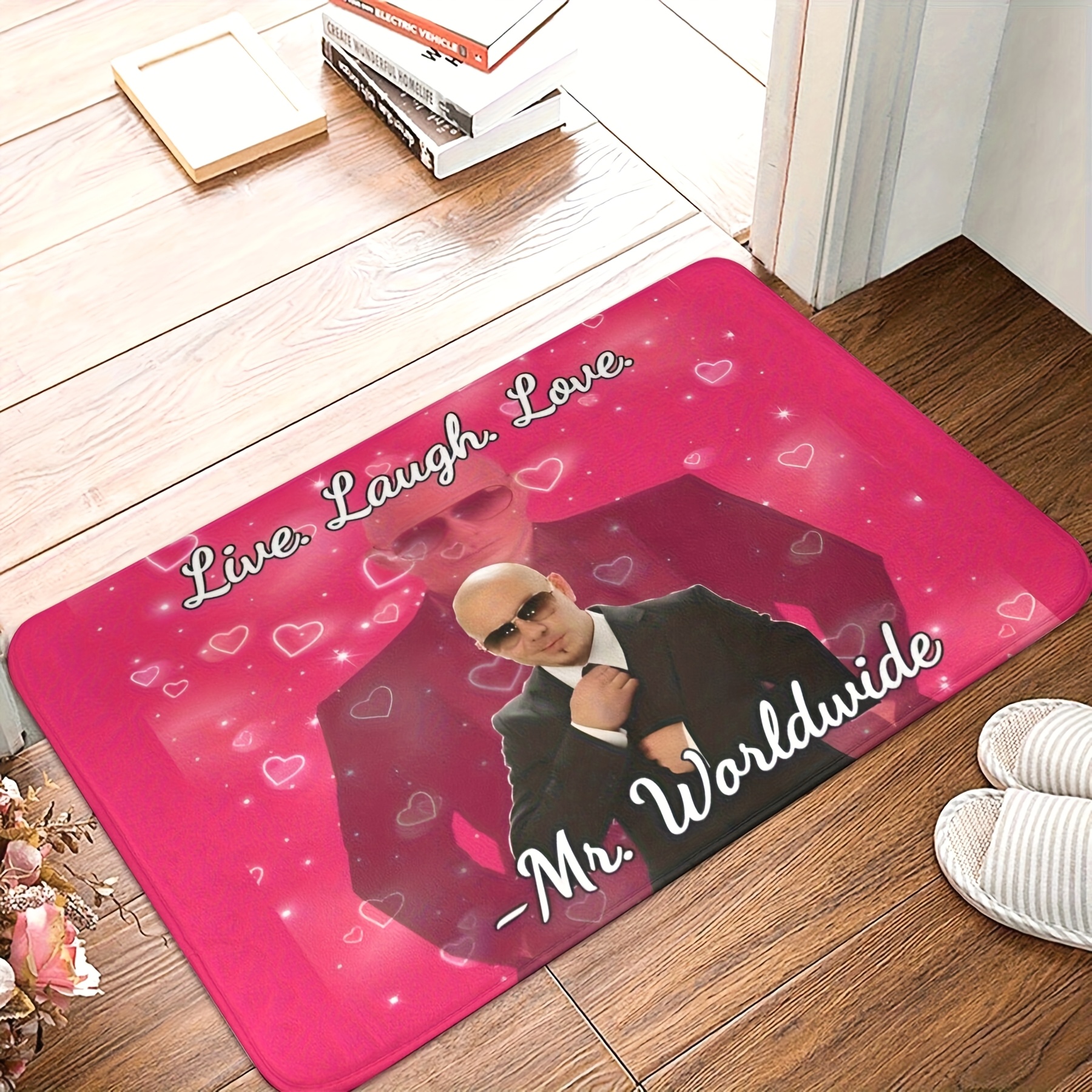 TEMU 1pc " Live Laugh Love" Non-slip Door Mat - Rectangular, Machine Washable Polyester Welcome Mat With A Pink Background And Heart Decorations,