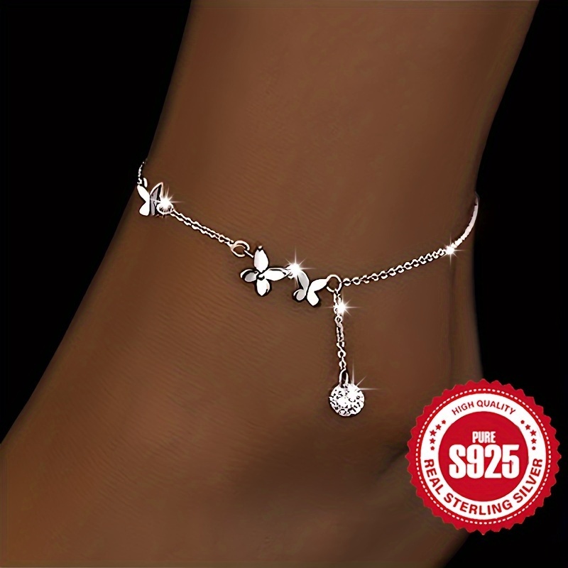 

Elegant Boho 925 Sterling Silver Anklet With Silver Plating, Sparkling Zirconia Butterflies, Hypoallergenic 2.9g Chain For Beach, Daily Wear – Christmas Gift, All-season Versatile Foot Jewelry