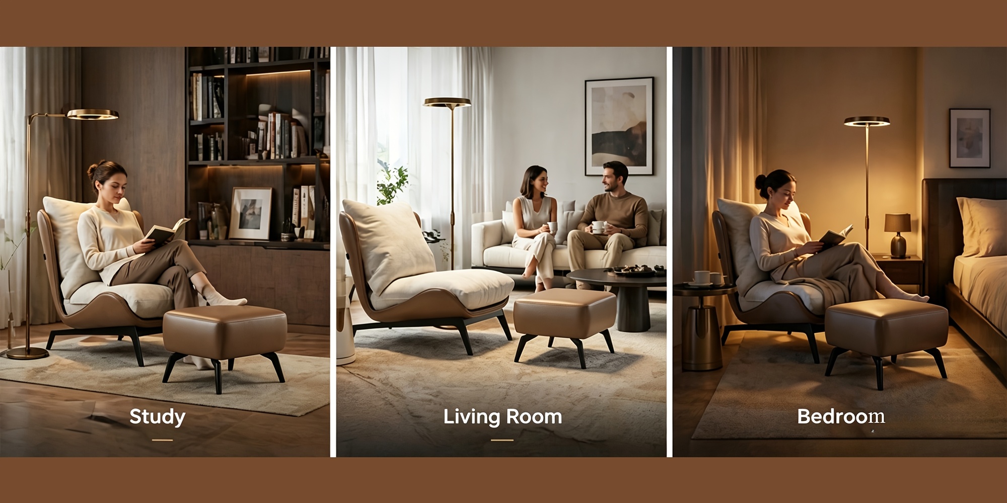 Modern Single Sofa Chair with Ottoman Footrest - Comfortable Armchair with Armrests, Solid Wood Frame & Cushioned Seat, Beige/ Brown/Black/Navy Blue/Gray Upholstered Fabric Accent Chair for Living Room, Bedroom, Balcony - Easy Assembly Required, Space-Saving Design, Foam Padding & Sturdy Hardwood Construction, Minimalist Style, Versatile for Reading or Relaxing