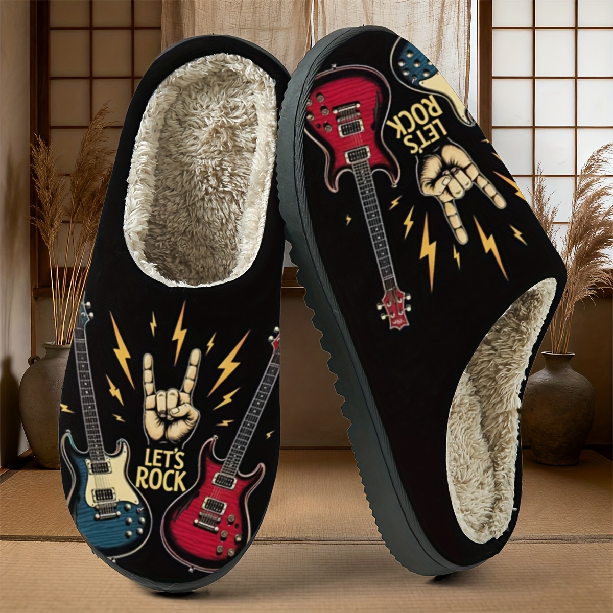 Image of Trendy Guitarist Gesture Yiju Slippers. In A Black-based Ambiance, The Electric Guitar And Rock Hand To Showcase , Filled With A Soothing Atmosphere For Rock Music Lovers. The Slippers A Soft
