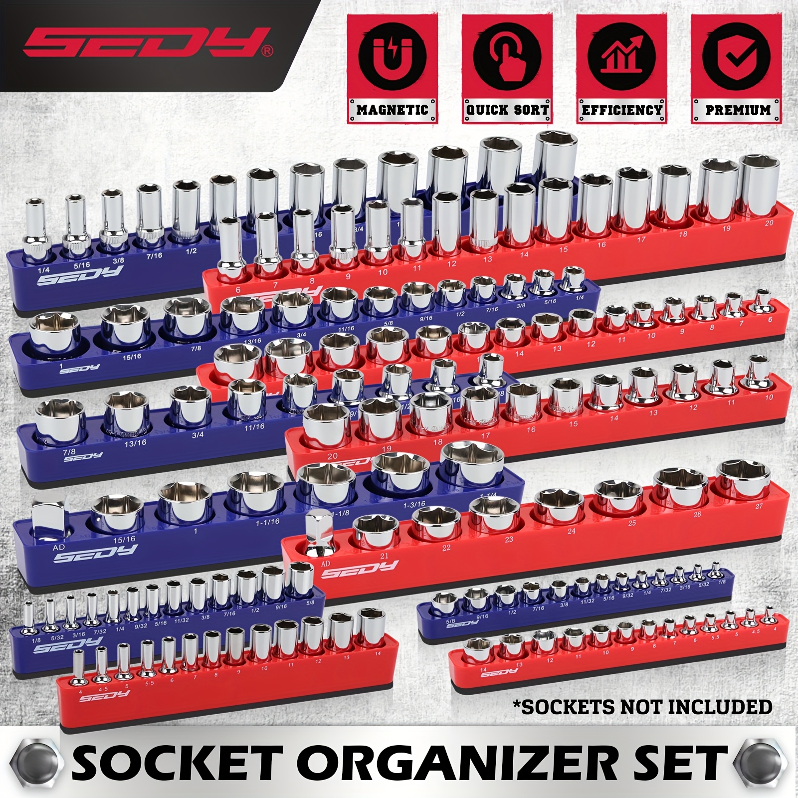 TEMU SEDY 12 pièces Organisateur de Douilles Magnétiques SAE et Métrique 1/4" 3/8" 1/2" (Stockage pour 143 Douilles) - Plateau Démontable avec Base