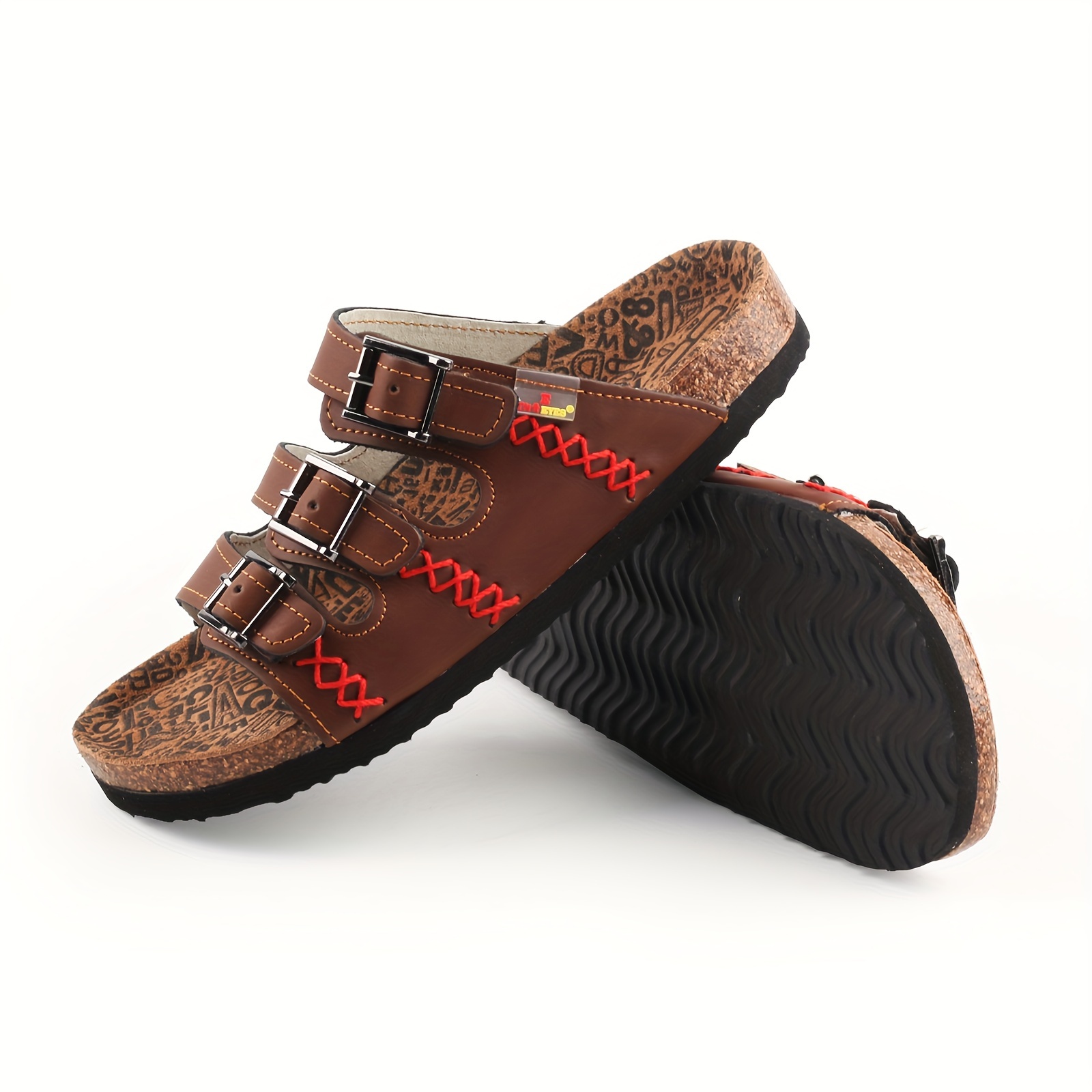 durable build womens retro   strap cork slides open toe   sole casual beach sandals with adjustable double   design brown leather upper with artistic pattern Product details 2