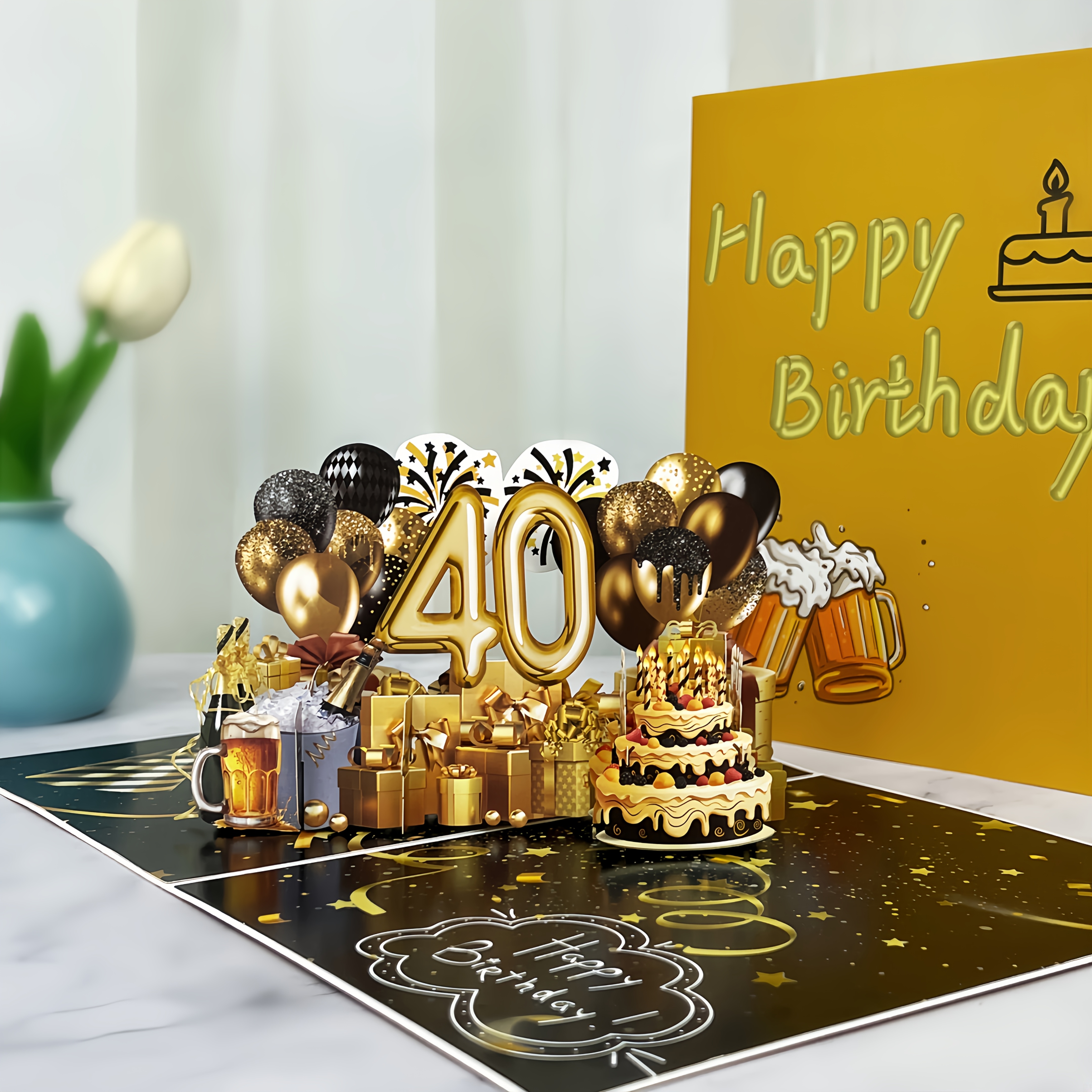 E-shop Pop-Up 3D Grußkarte mit Umschlag, Schwarz-Goldenes Thema, Geeignet zum Verschenken an Männer/Väter/Ururenkel//Enkel/Freunde, Happy 40th