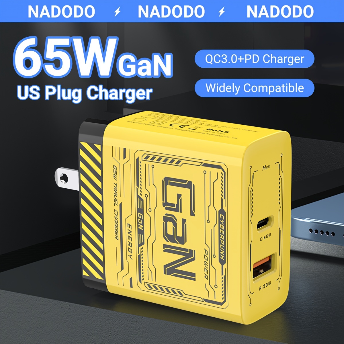  65W USB C Charger, 3-Port GaN Wall Charger Fast Compact  Foldable Charger Compatible for iPhone, Galaxy S23/S22, MacBook Pro/Air,  Lenovo ThinkPad, HP Chrombook, Dell Type-C Laptops, iPad and More : Cell