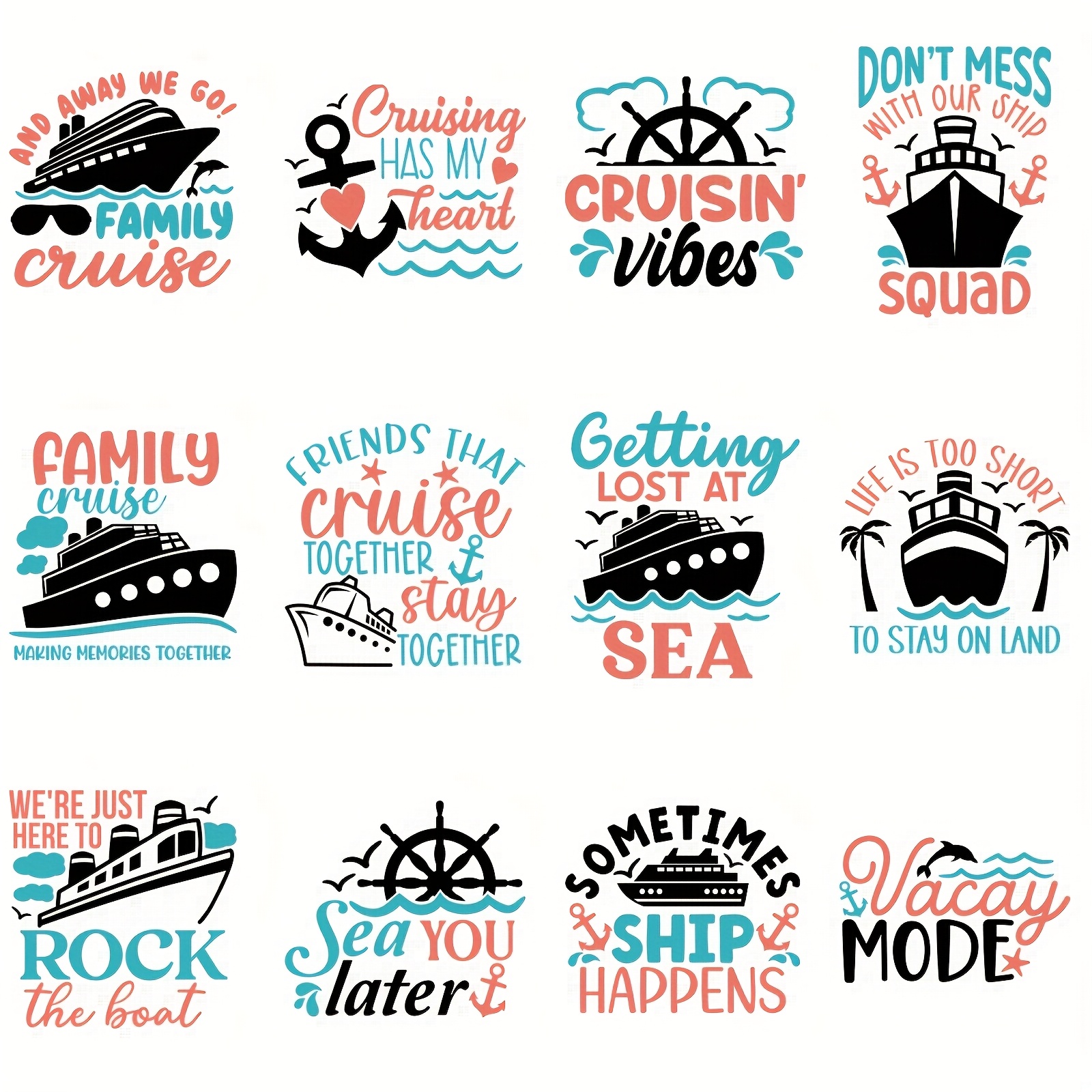 

12pcs Mixed Color Cruise & Nautical Themed Iron-on Transfer Stickers, Diy Vinyl Decals For T-shirts, Bags & Hats - Featuring Phrases & Vibrant Marine Designs