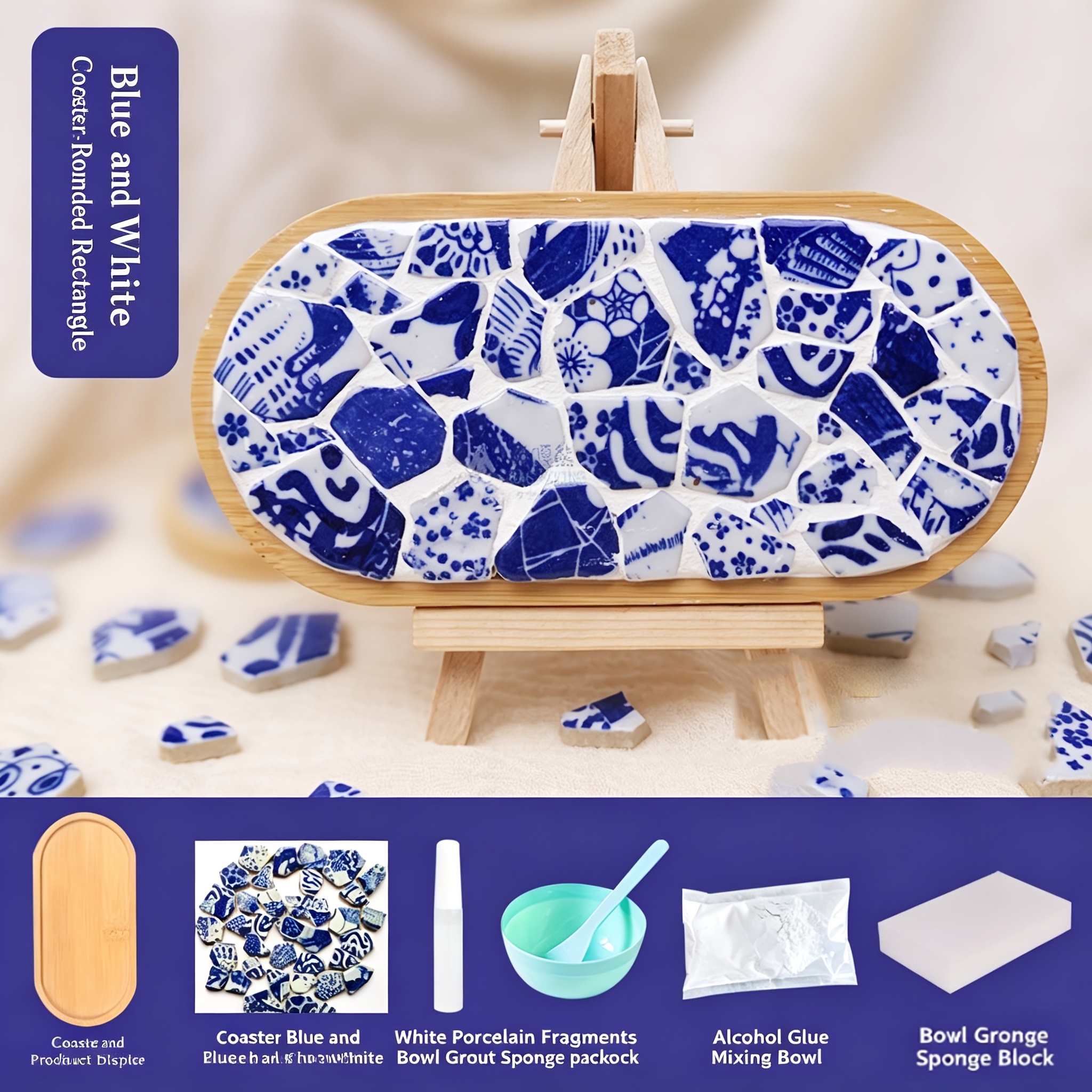 TEMU Kit de matériel pour sous-verres en mosaïque de porcelaine bleue et blanche à soi-, base en bambou, ensemble de sets de table à main, kit