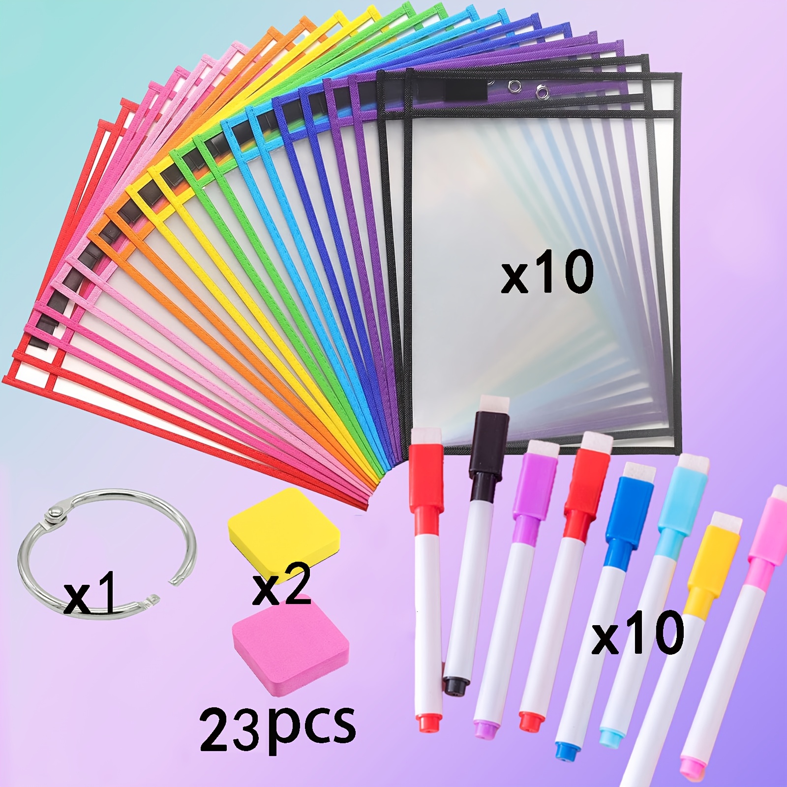 TEMU 23pcs Or 24pcs Of Dry Wipe Pocket Ring, 10 Pockets + 8 Pens + 4 Clasps + 2 Erasers, Transparent Plastic Cover, Protective Case, Suitable For