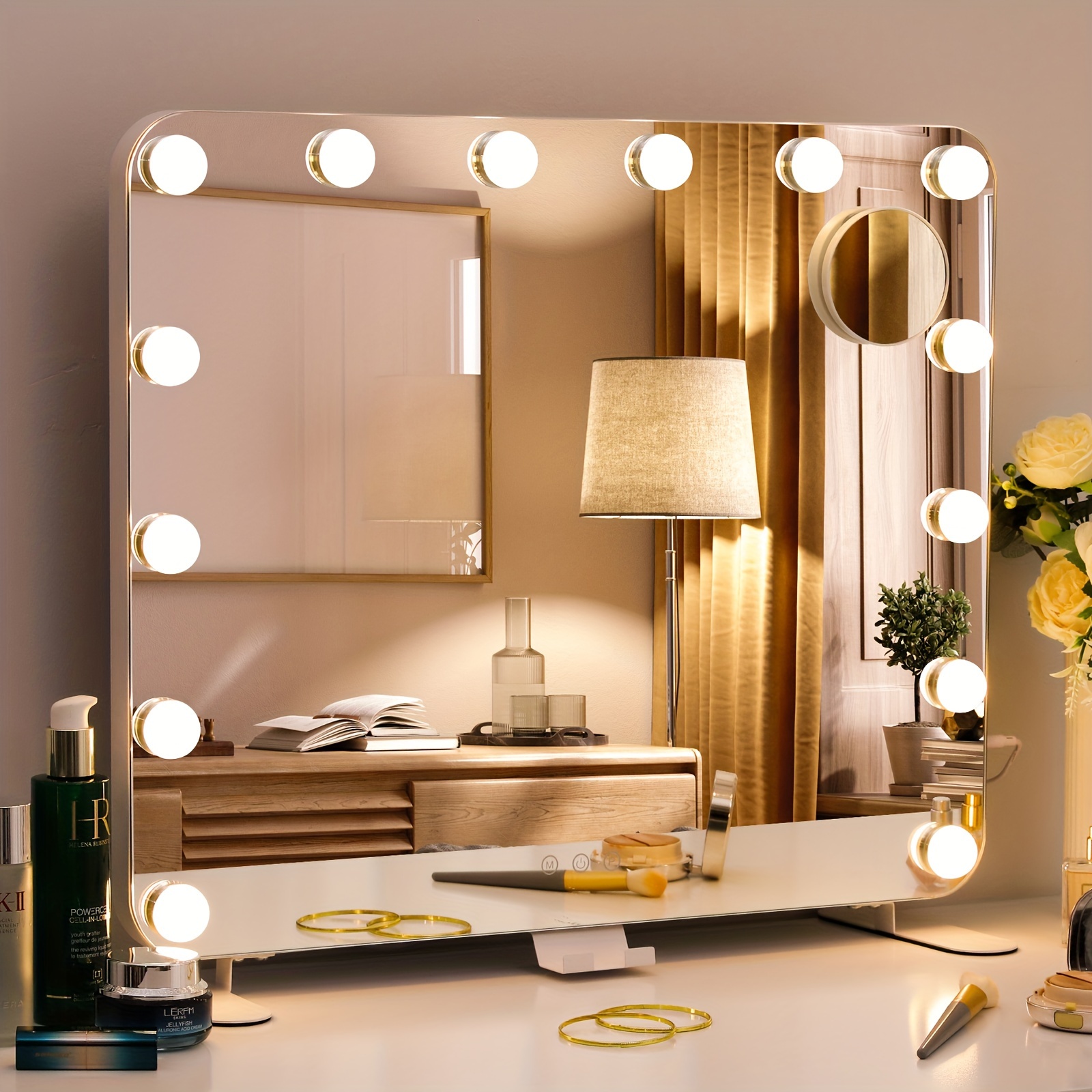 

Lighted Mirror, 60x50 Cm, Makeup Mirror With 14 Dimmable Led Lights, 3 Color Light Modes, With Phone Holder, Usb Charging Port, Magnifying Mirror