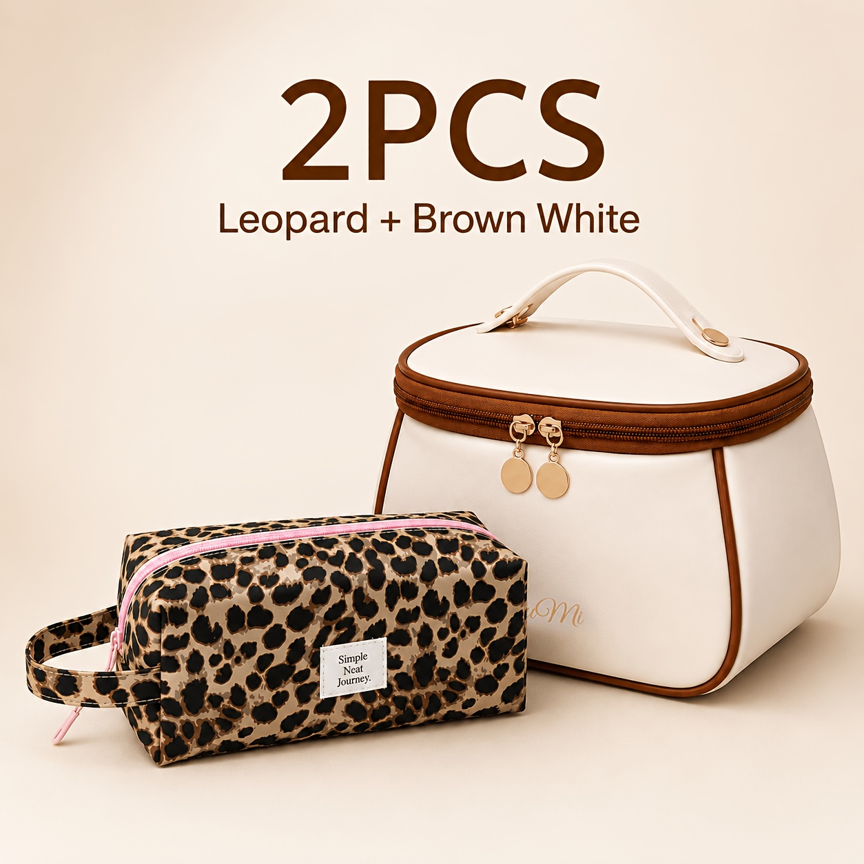 TEMU 2pcs Women's Travel Cosmetic Bag Set, Leopard Print Toiletry Pouch And Handheld Vanity Case, Large Capacity Makeup Organizer With Zipper And