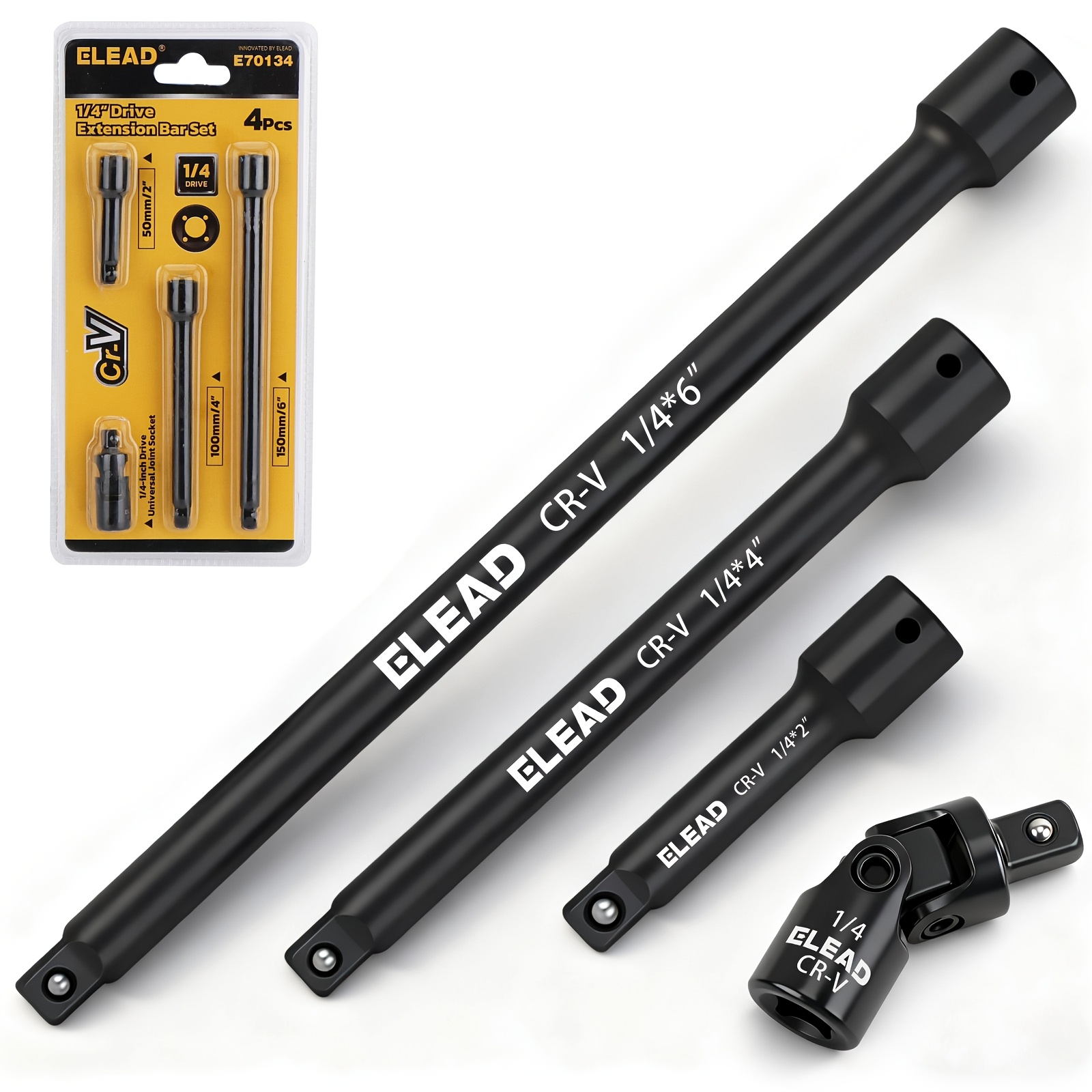 TEMU Elead 4pcs 1/4" Drive Socket Extension Bar Set, Adjustable Interchangeable Steel 2"+4"+6" Extension Rod With Universal Joint Socket, Spring