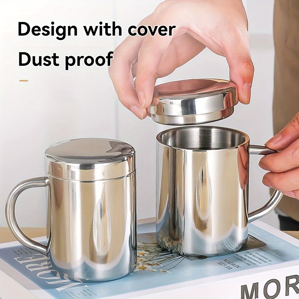 1pc stainless steel coffee mug with lid and handle unbreakable metal cup double wall camping cup travel coffee mugs shatterproof tea cup camping mug stainless steel cup