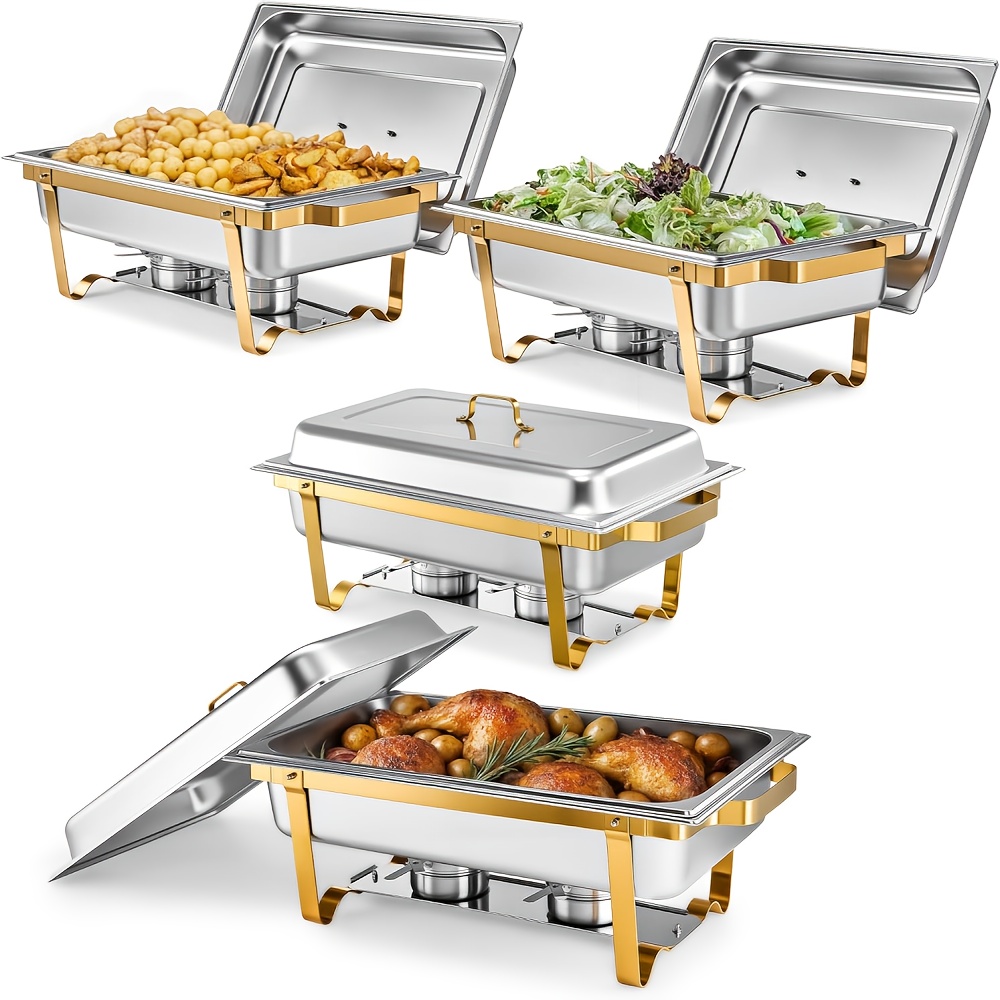 TEMU Chafing Dishes, 2/4/6 Pack 9qt Golden High Premium Stainless Steel Complete Set, Rectangular Chafing Dish Buffet Set, Heating Cooling Chafing