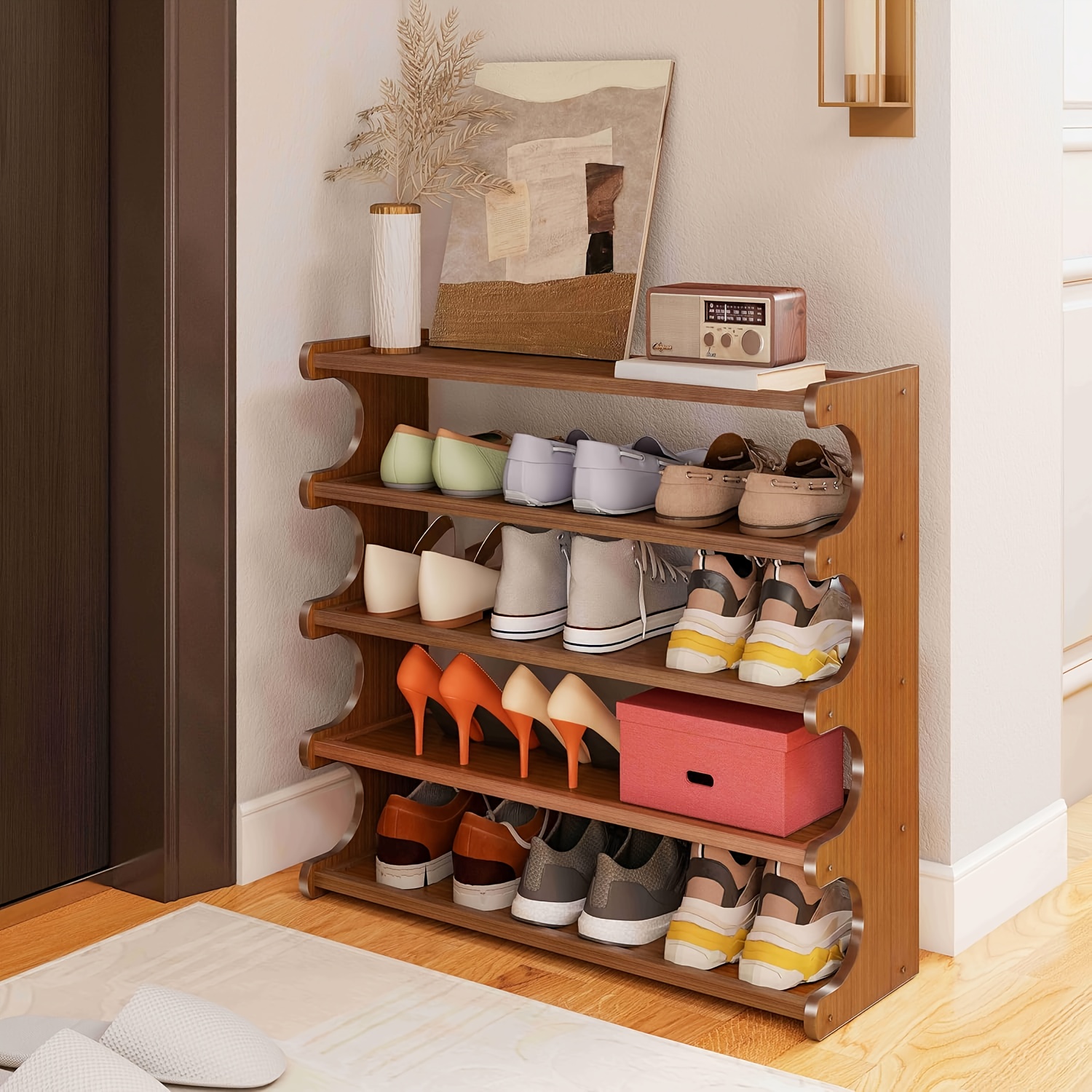 Bamboo Shoe Rack, 4/5/6-Tier Organizer with Rounded Corners