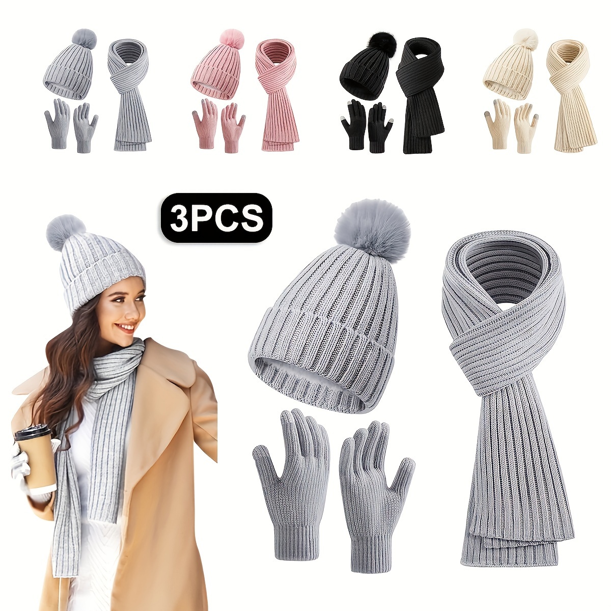 

Women's Winter Knit Set, No-fur Beanie, Long Scarf, And Touchscreen Gloves 3-in-1 Bundle, Thermal And Warm For Cold Weather