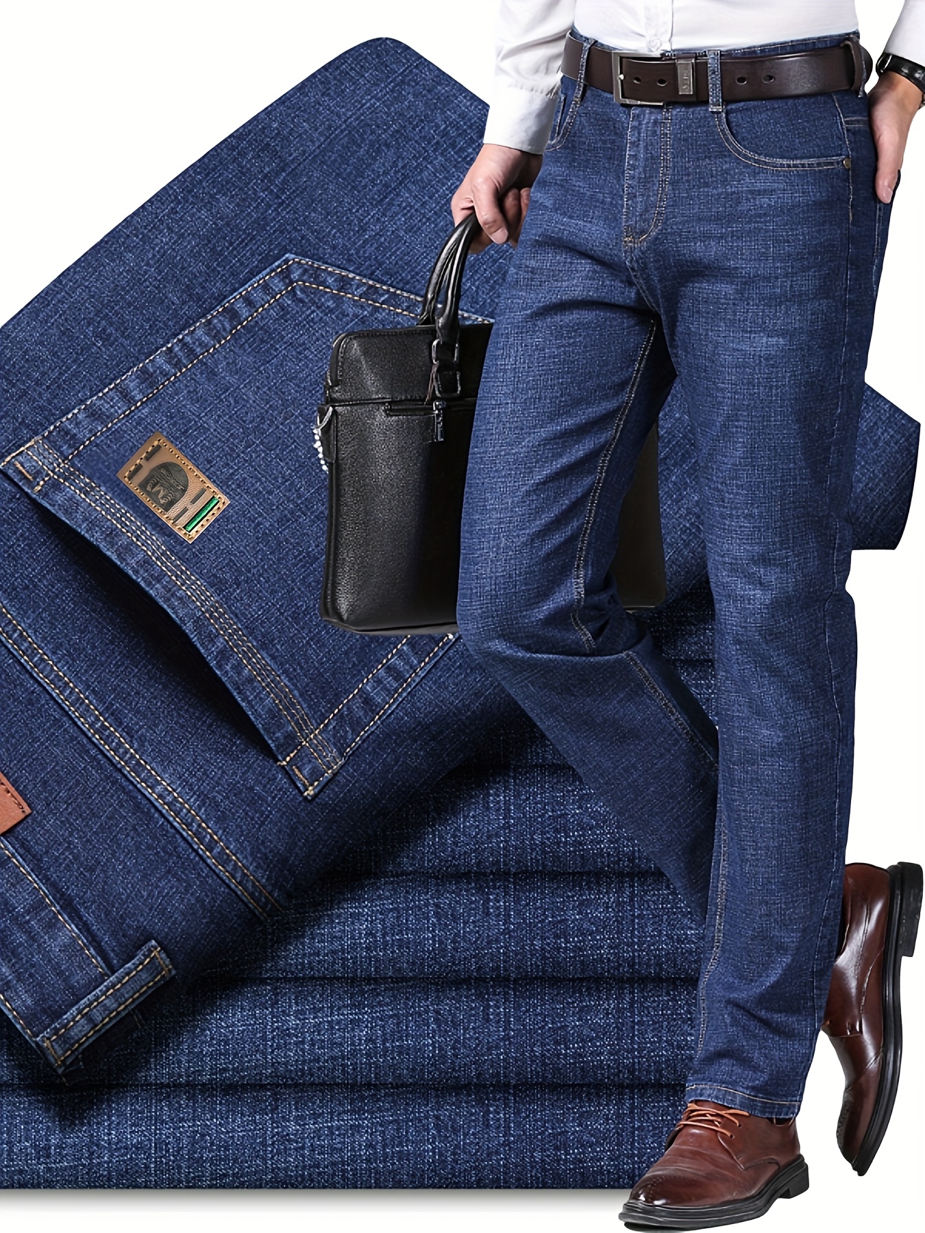 Men's Plus Size High-Quality Business Casual Jeans - Light Blue, Stretch Denim with Golden-Tone Button Detail, Comfortable & Durable for All Seasons, PLUS SIZE