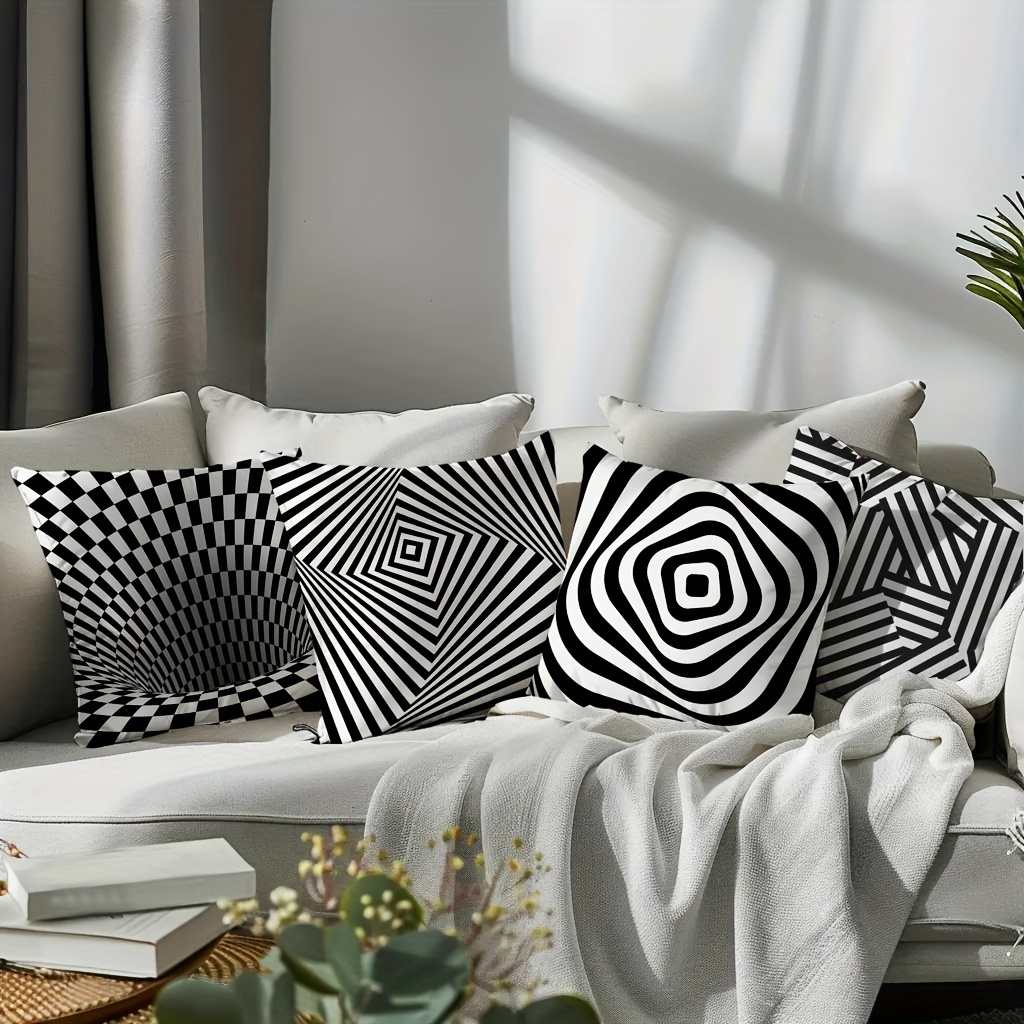 

Set Of 4 Contemporary Geometric Throw Pillow Covers With Zipper Closure - Machine Washable, Woven Polyester Decorative Cushion Cases For Bedroom Sofa - Abstract Geometric Patterns