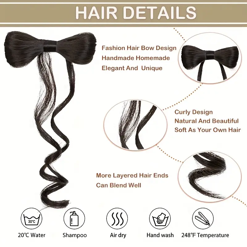 elegant bowknot hairpiece with 14 natural curly synthetic ponytail dark brown blonde highlights decorative clip barrette for women and girls versatile and stylish hair accessory hair accessories details 2