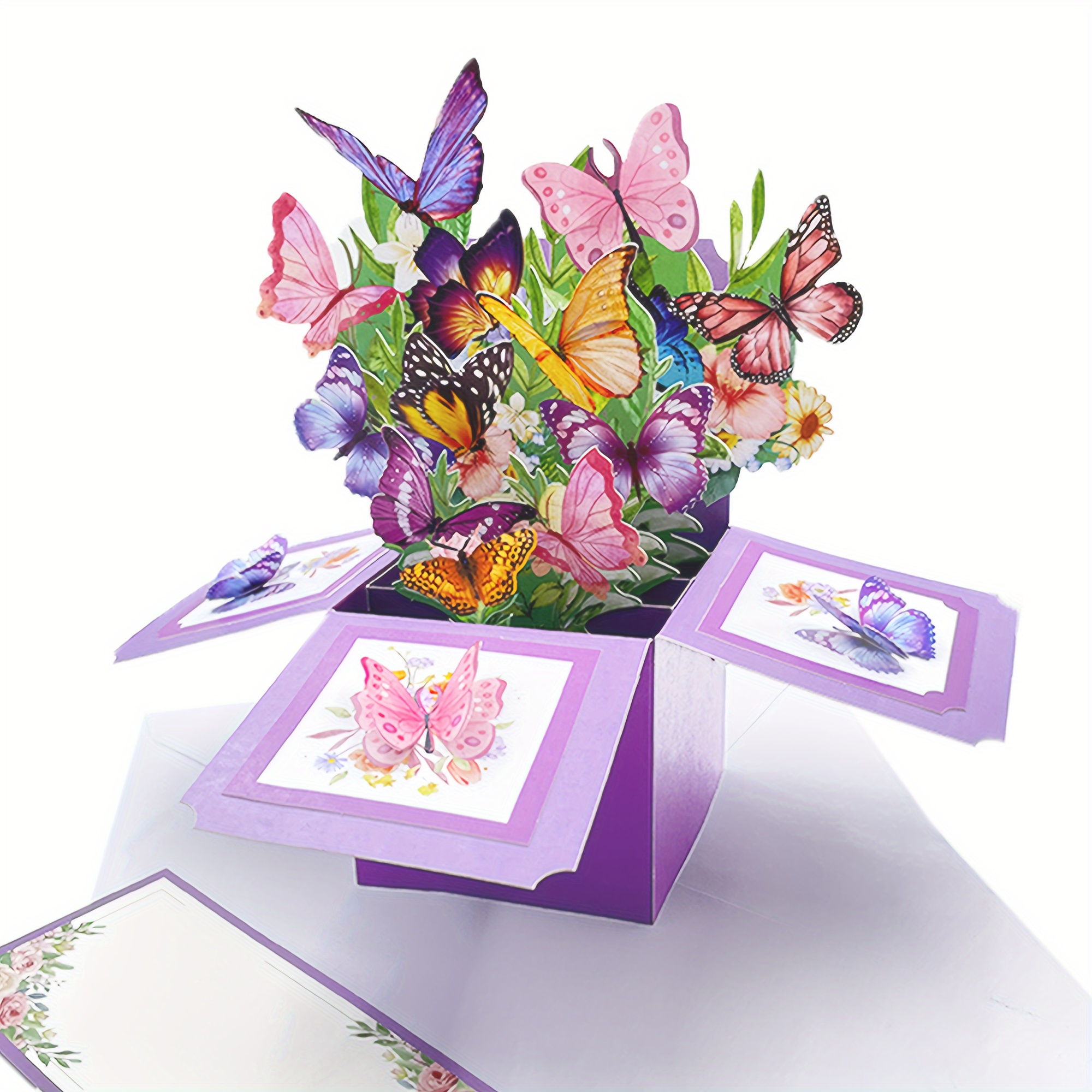 

3d Butterfly Pop-up Greeting With Envelope For Birthdays, Anniversaries, Mother's Day - Handcrafted Floral Paper Bouquet, All-occasion Surprise, Includes For Personal Messages