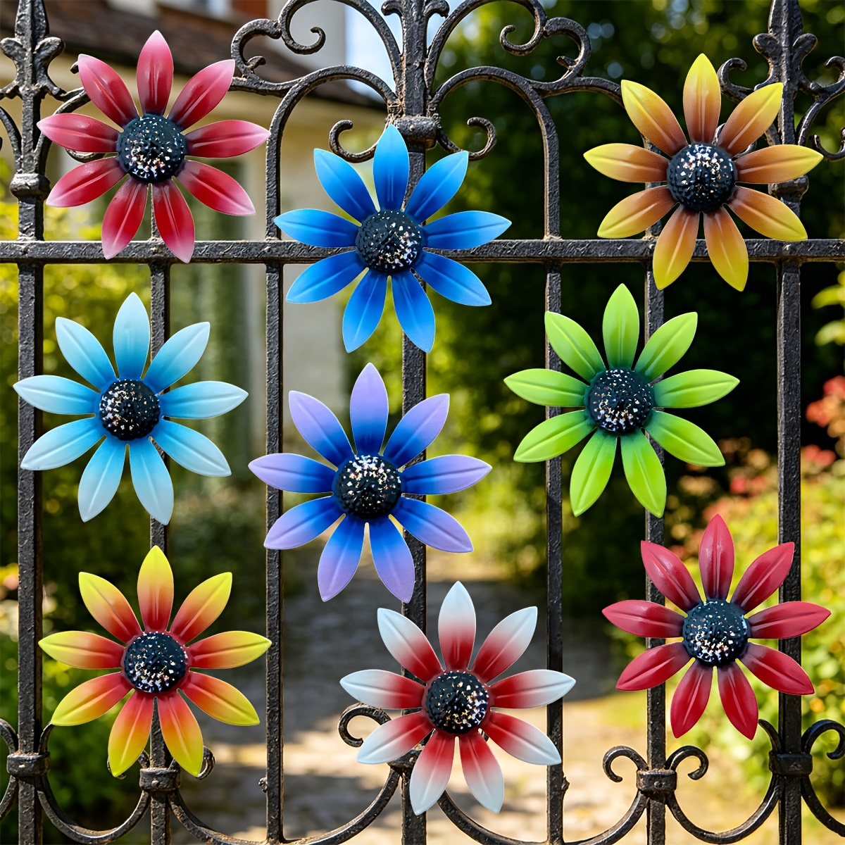 Artikelbild 2d-flach, [2.5d] 2-d-flach 9-teiliges set, bunte kunstblumen-wandkunst-deko aus kunststoff, wetterfeste außen-wanddekoration, hängende blumenskulptur,   für garten, terrasse, rasen,  , innenhof hinterhof-deko, 2d-flach