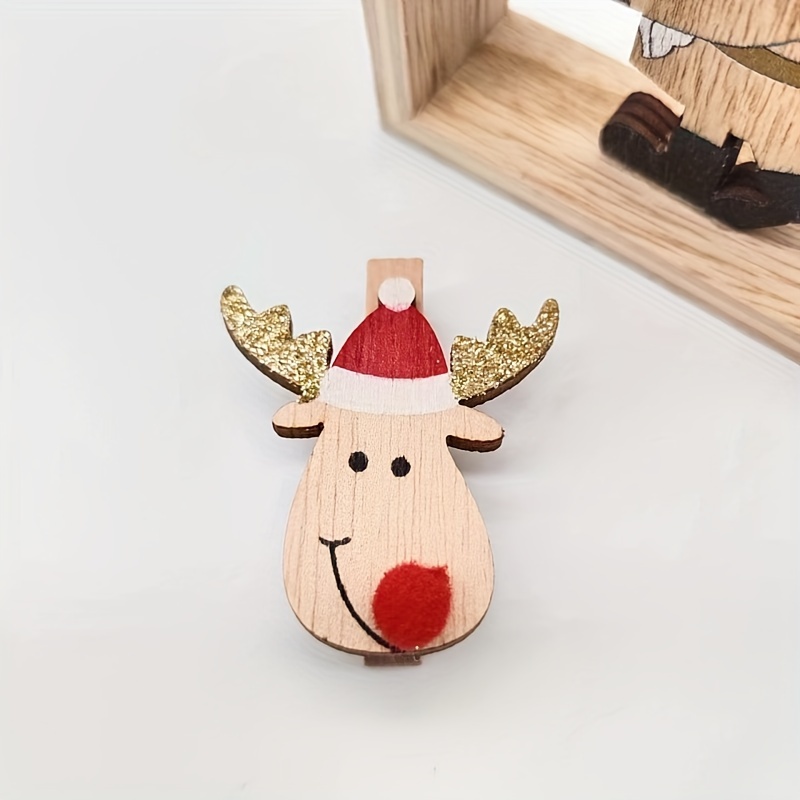 

6pcs Christmas Reindeer Head Clips, 4.8cm Wooden Crafts For Holiday Party Decorations