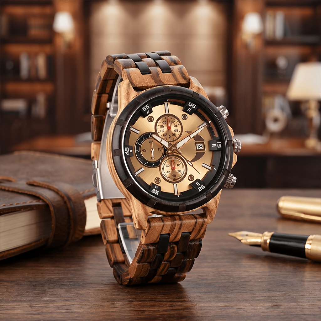 Image of 1pc Wooden Men's Watch And 1pc Watch Adjuster And 1pc Watch Box Wooden Wristwatches For Men Fashion Quartz Wristwatches With Clock Date Week Wood Watch Box For Him