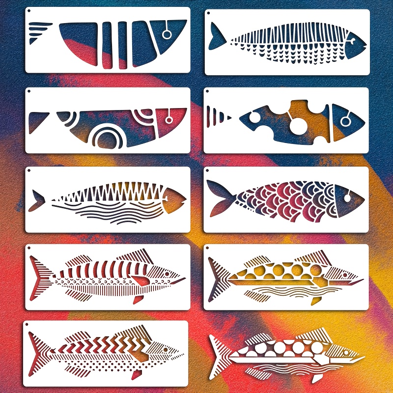 TEMU 1 Set de 9 pochoirs d'art à motif géométrique de style minimaliste sur le thème des poissons, 10X25Cm, réutilisables, pour la fabrication