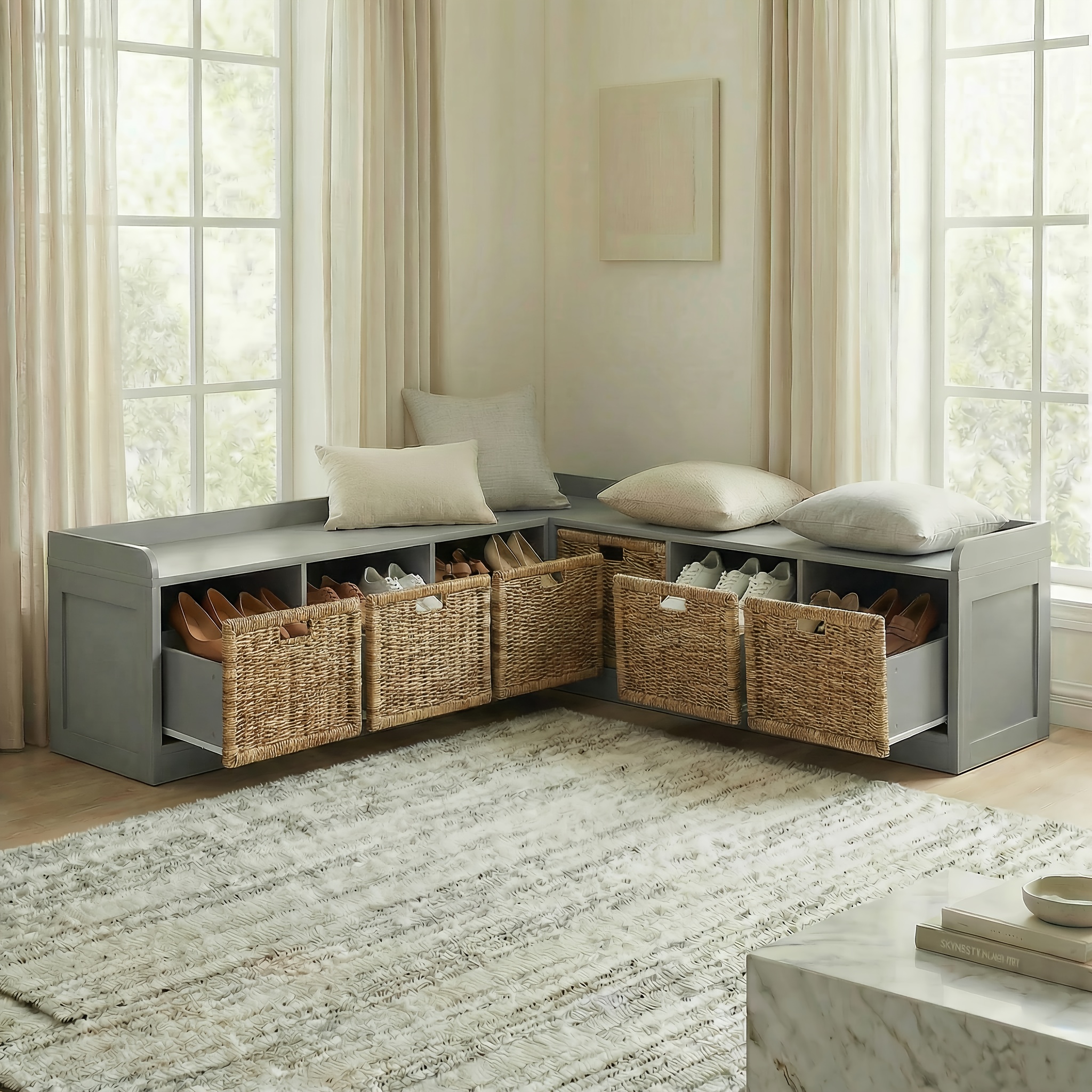 Modern L-Shaped Shoe Cabinet with 6 Rattan Drawers, Multi-Functional Wood Shoe Storage Cabinet with Storage Compartments, for Entryway And Living Room, Modern Design, Gray