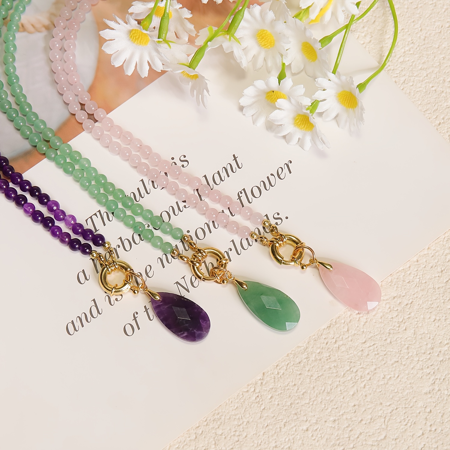 Women's Natural Stone Beaded Necklace with Teardrop Pendant