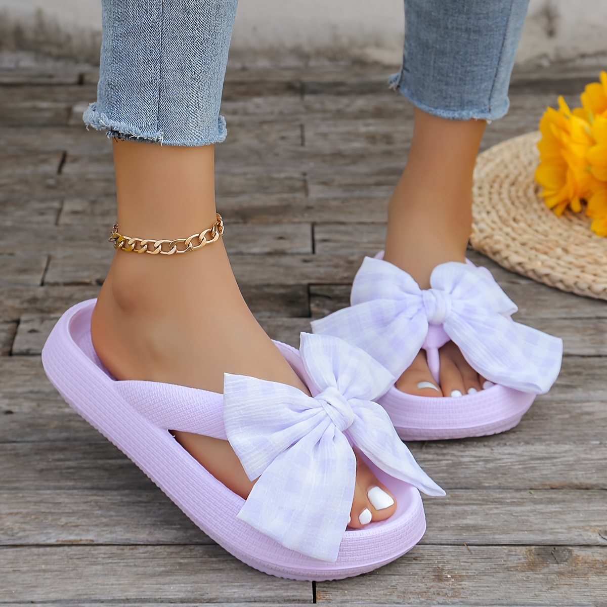 womens solid color flip flops platform soft sole slip on   bowknot slides non slip summer eva beach slides Product details 6