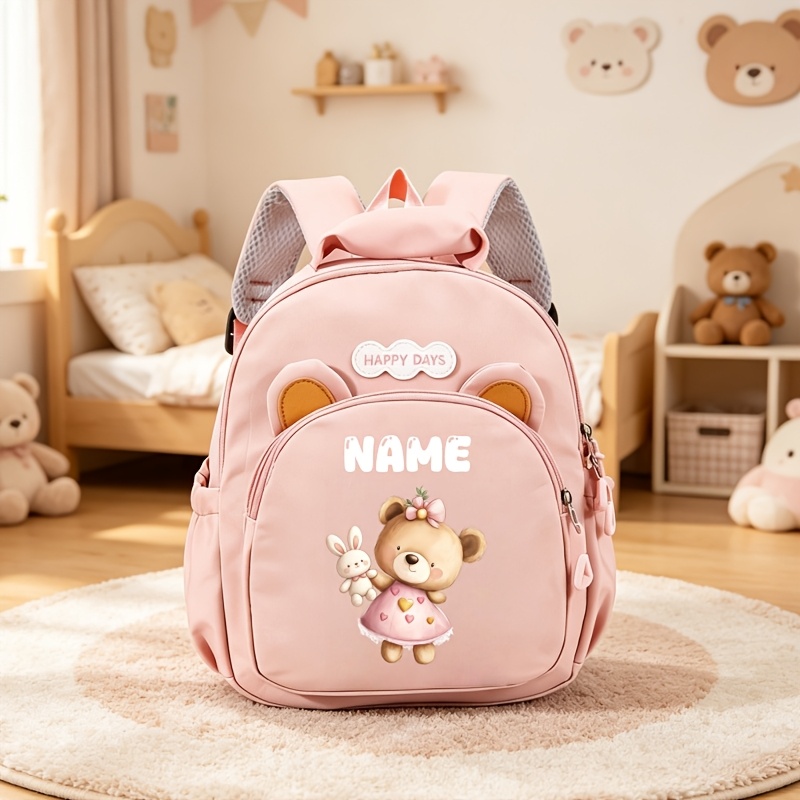 TEMU Bear Ear Backpack With Name Tag - School Bookbag Suitable For School, Travel,, Commuting | Adjustable Straps & Zipper Closure | Durable Nylon