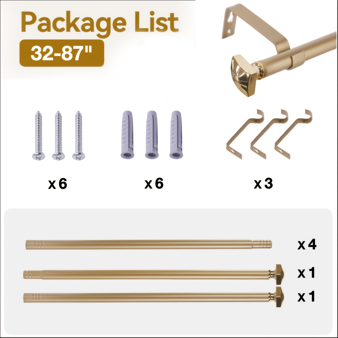 TEMU Elegant Matte Golden Curtain Rod With Shiny Decor End Caps, Aluminum Window Curtain Pole For Home Decor