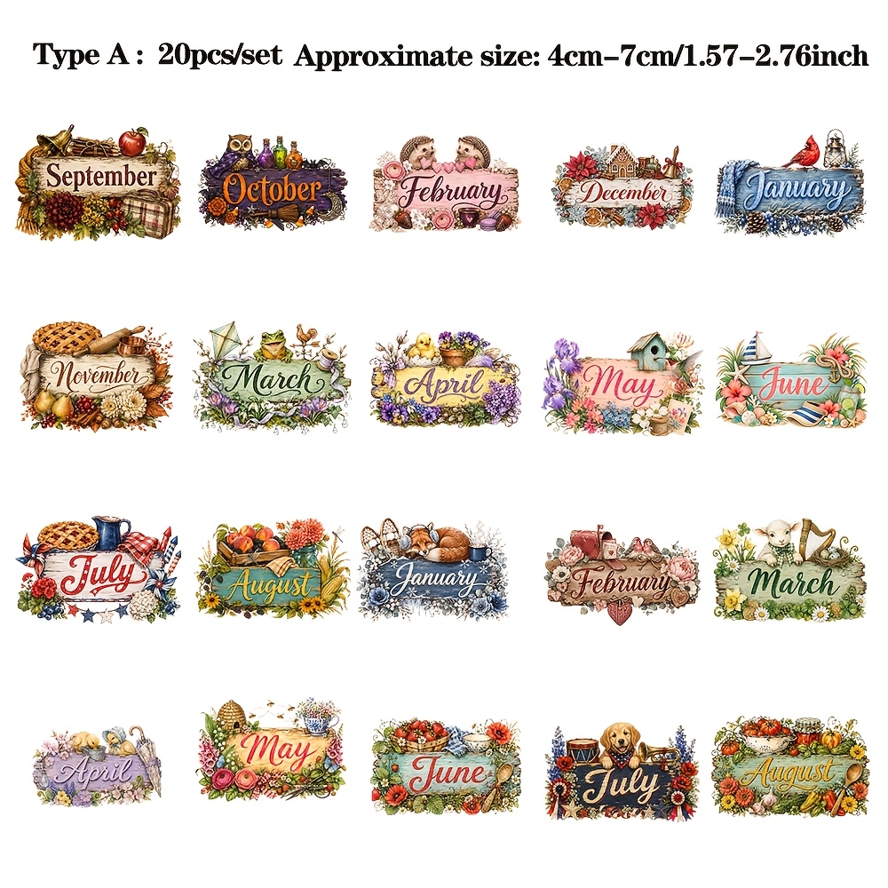 TEMU RUONAOROU 20 pz/20 fogli (20 adesivi) per foglio, adesivi per scrapbooking e agenda - Etichette 12 mesi con glitter semi-mate, adatte per junk