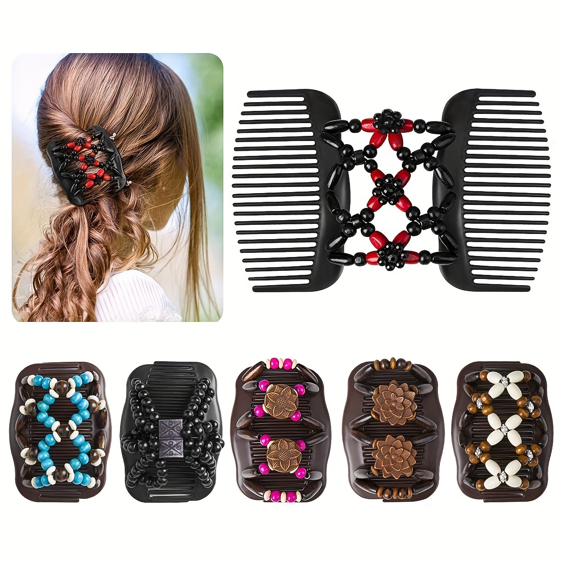 

2pcs, Retro Exquisite Cool Stretchy Hair Comb Clips, Boho Style Premium Wooden Hair Clips, Women Girls Casual Leisure Hair Accessories, Gift Photo Props