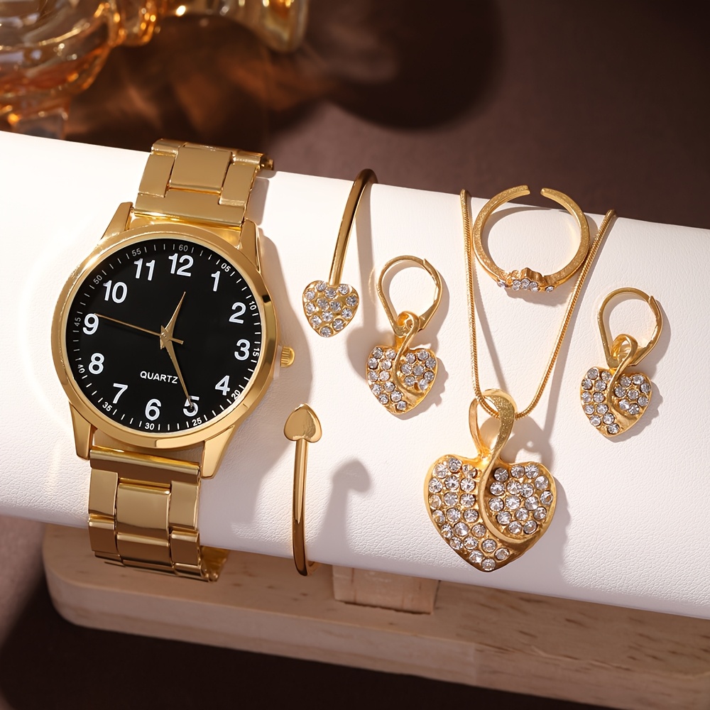 6pcs Elegant Women's Quartz Watch Set with Heart-Shaped Jewelry, Perfect Gift for Ladies, Non-Adjustable Alloy Strap, Classic Bar Markers Round Dial, Ideal Gift for Sisters and Mothers, Suitable for Ramadan or Casual Attire, No Packaging Box Included, Middle East Special Edition