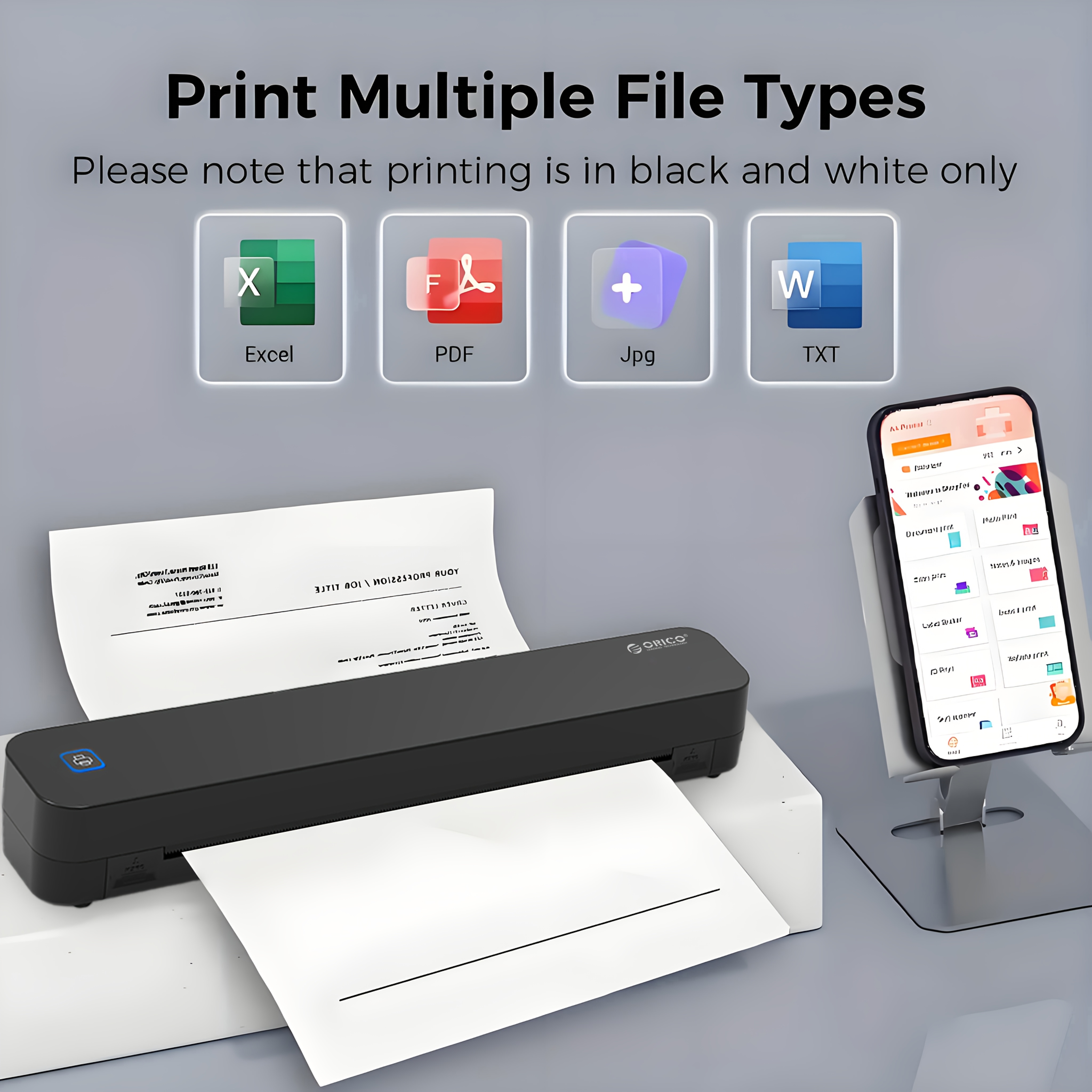 a4 portable inkless printer monochrome printing printer without ink connect to mobile phone to print support 210 216mm thermal paper printing built in battery   quickly printed for home office and going out lightweight and portable
