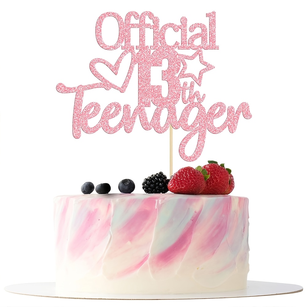 Image of 1pc Pink Glitter Official Teenager 13 Cake Topper, Happy 13th Birthday Heart Cake Pick Cake Decoration For Teen Boy Girl Cheers To 13 Years 13th Birthday Party Supplies Decor