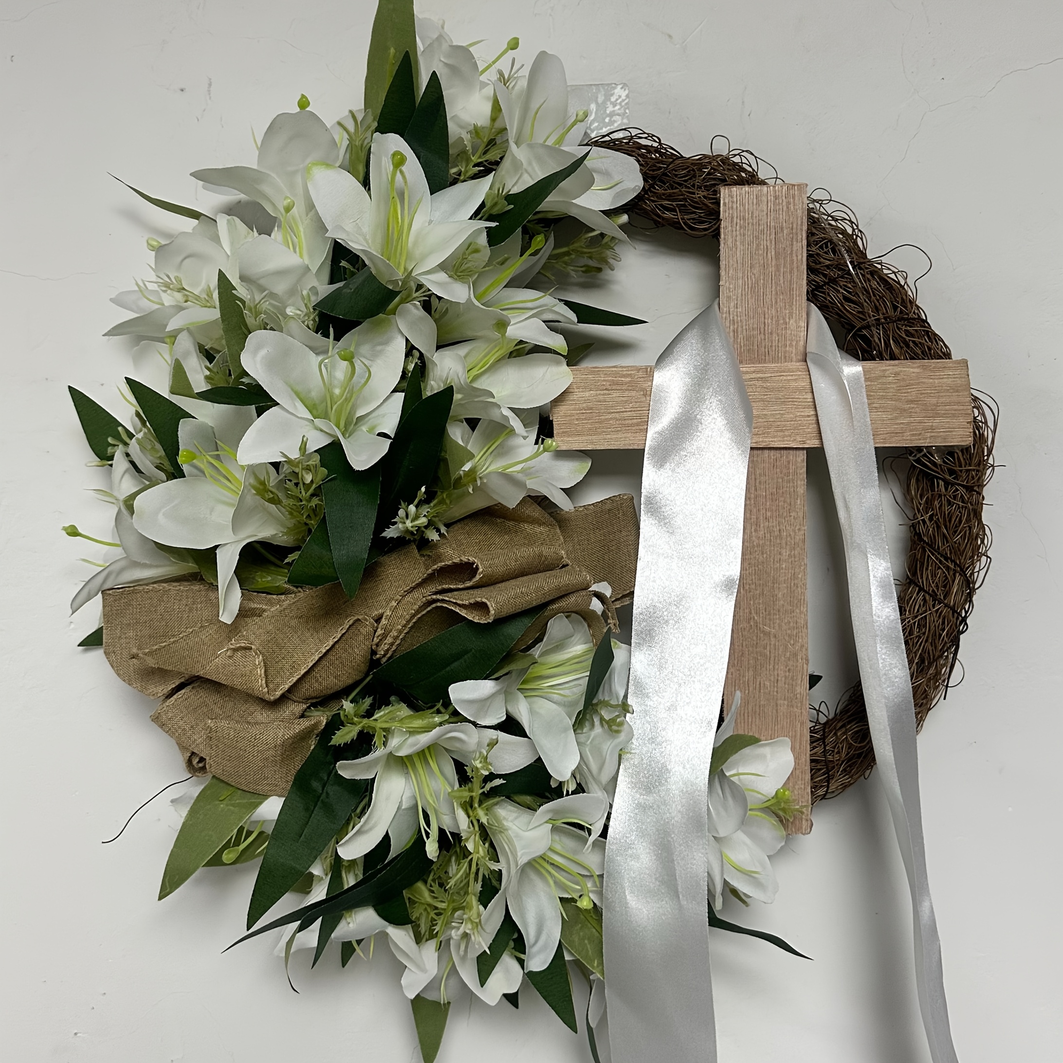Image of 1pc, 17.7-inch Rustic Farmhouse Easter Wreath With, Burlap Bow And White Lilies - Spring Door Decor Wreath, Handcrafted Wreath For Home Celebrations, Religious Holiday Decor For Front Door