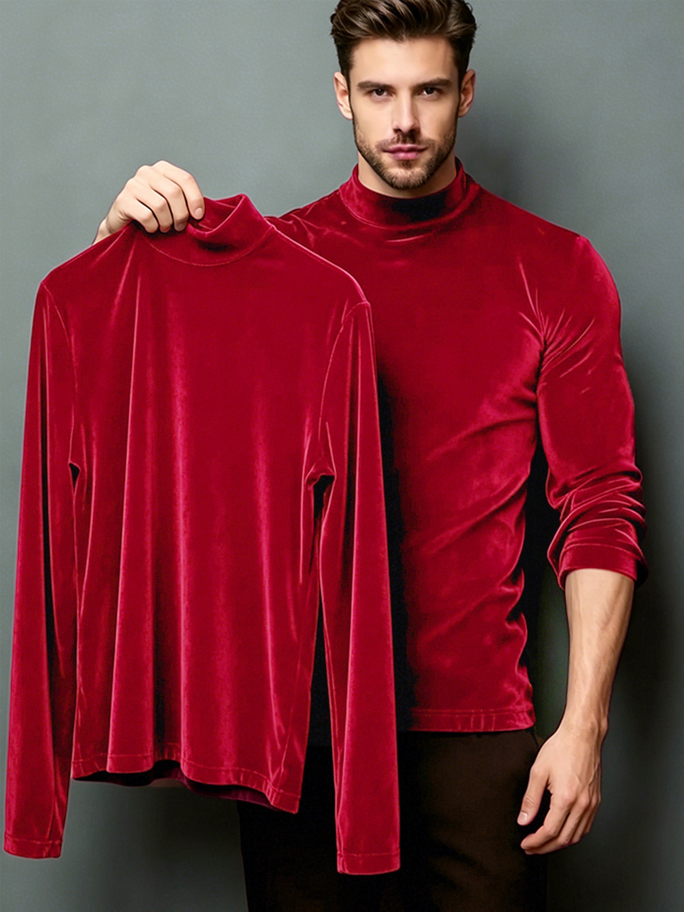 imagen del artículo capa base de lujo para hombre, estilo  , nueva, de terciopelo dorado, media cuello  ,   elasticidad, de   entallado y   larga
